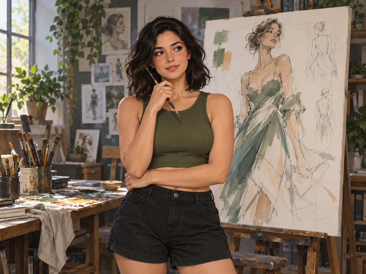 AI-generated fictional adult model in clothing, editorial illustration